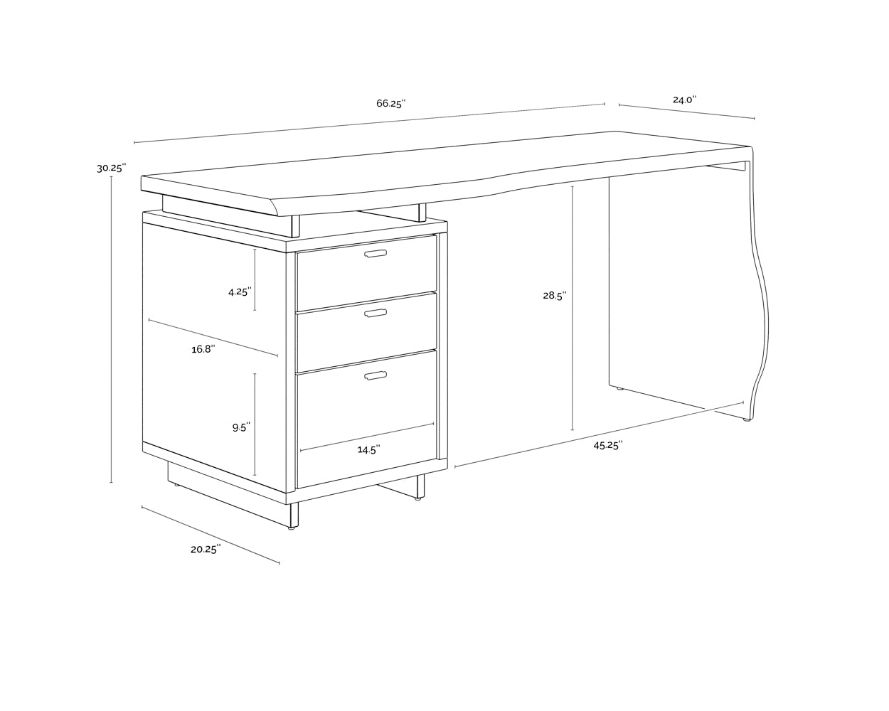 A wireframe image of the product with dimensions shown