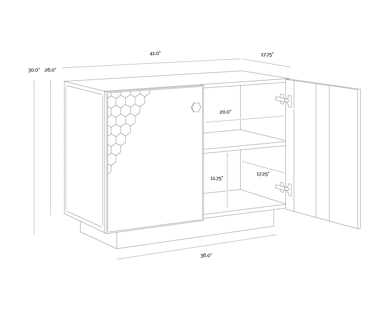 A wireframe image of the product with dimensions shown