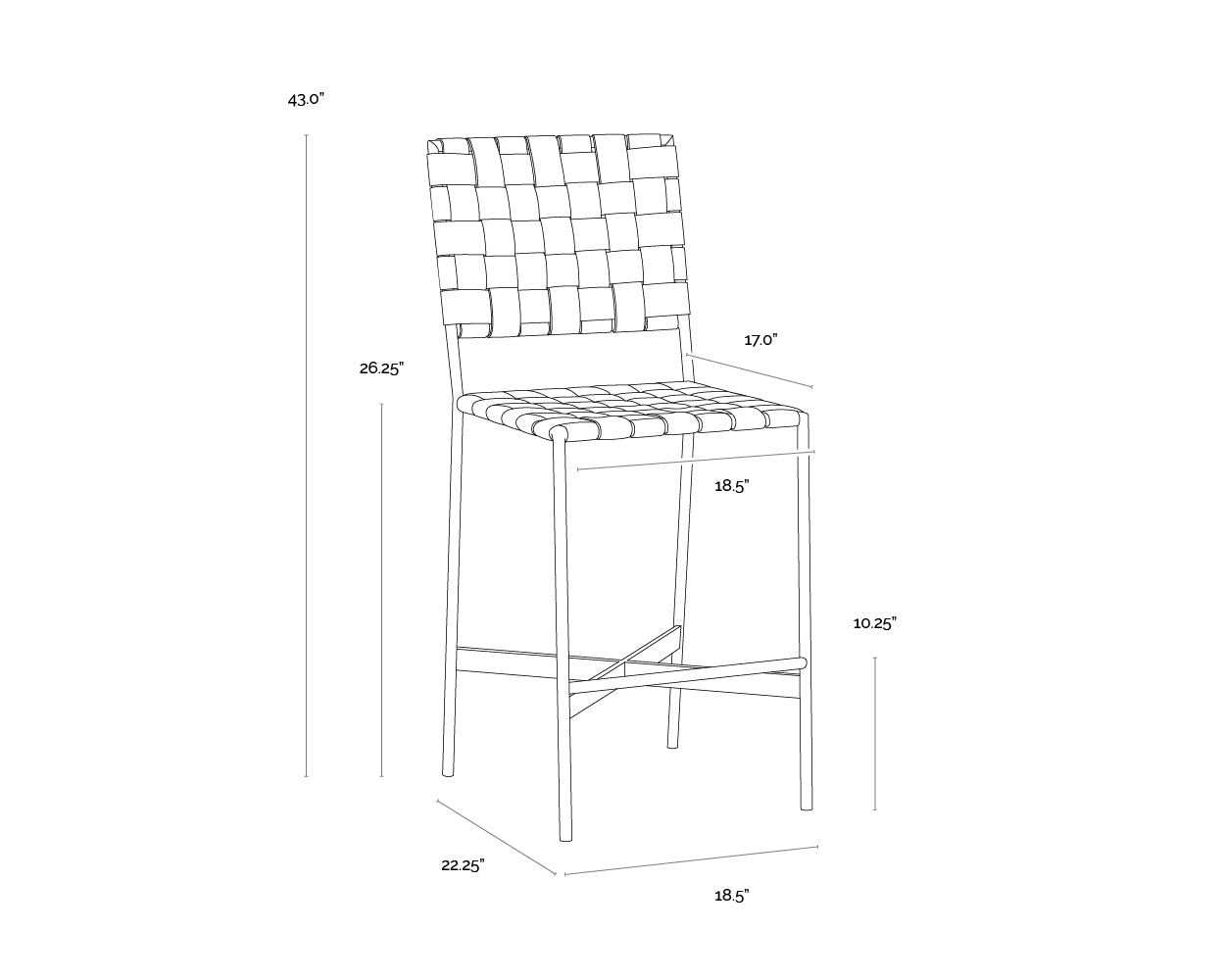 A wireframe image of the product with dimensions shown