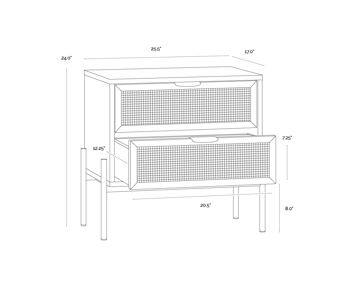 A wireframe image of the product with dimensions shown