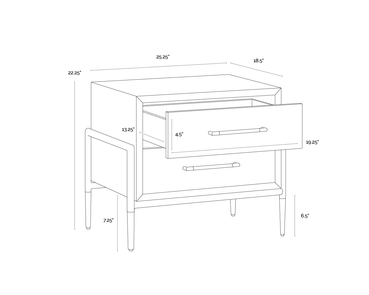 A wireframe image of the product with dimensions shown