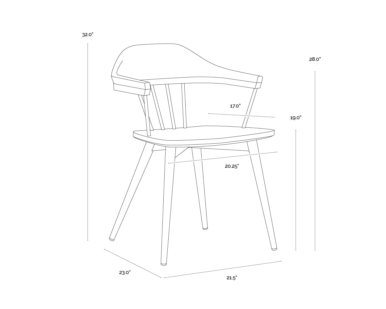 A wireframe image of the product with dimensions shown