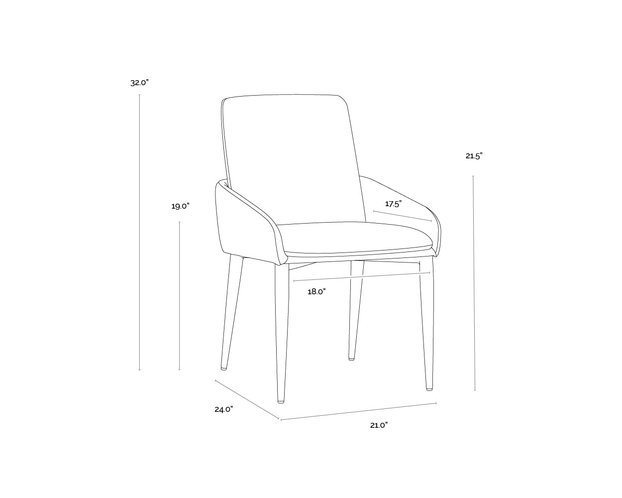 A wireframe image of the product with dimensions shown