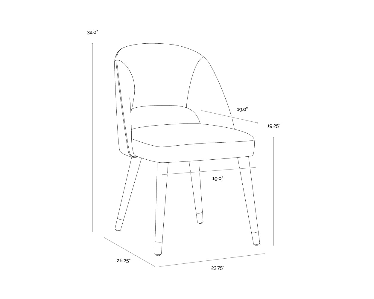 A wireframe image of the product with dimensions shown