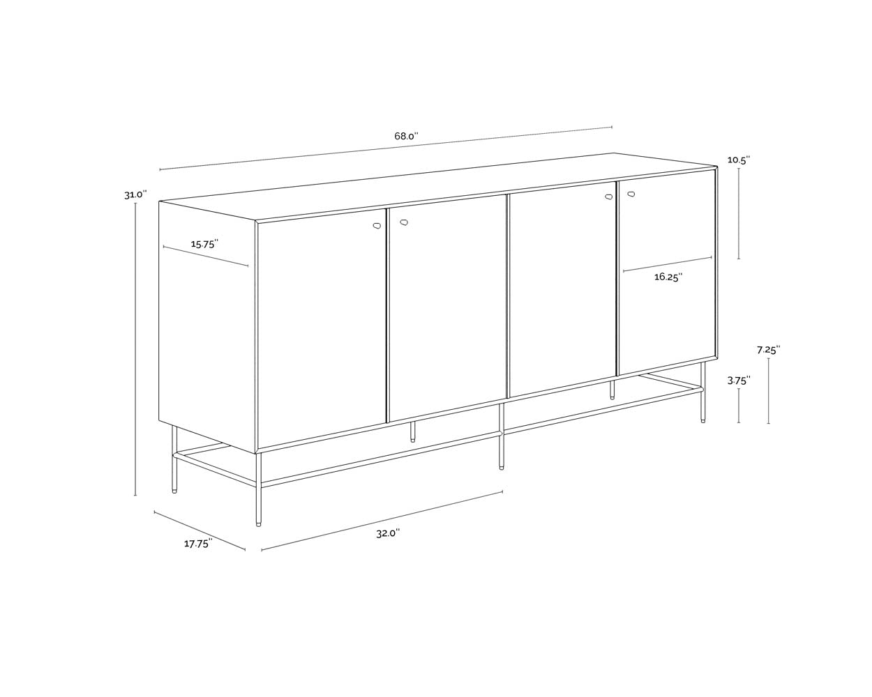 A wireframe image of the product with dimensions shown