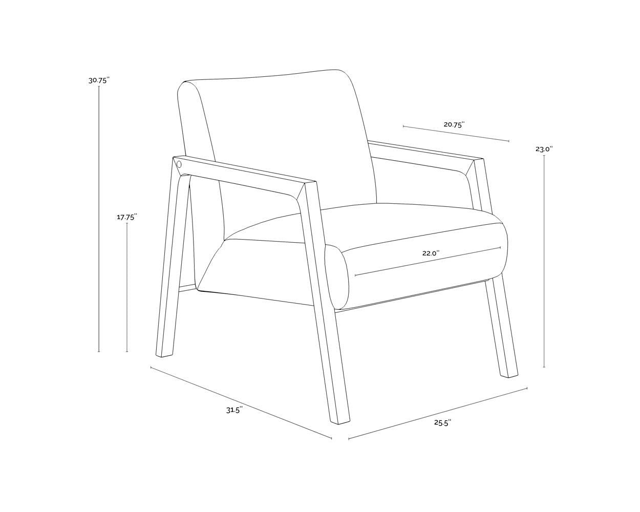 A wireframe image of the product with dimensions shown