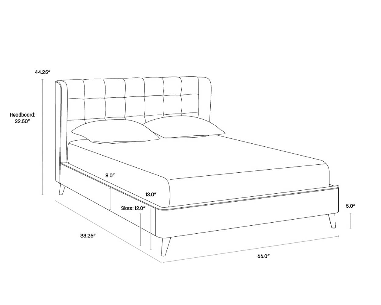 A wireframe image of the product with dimensions shown