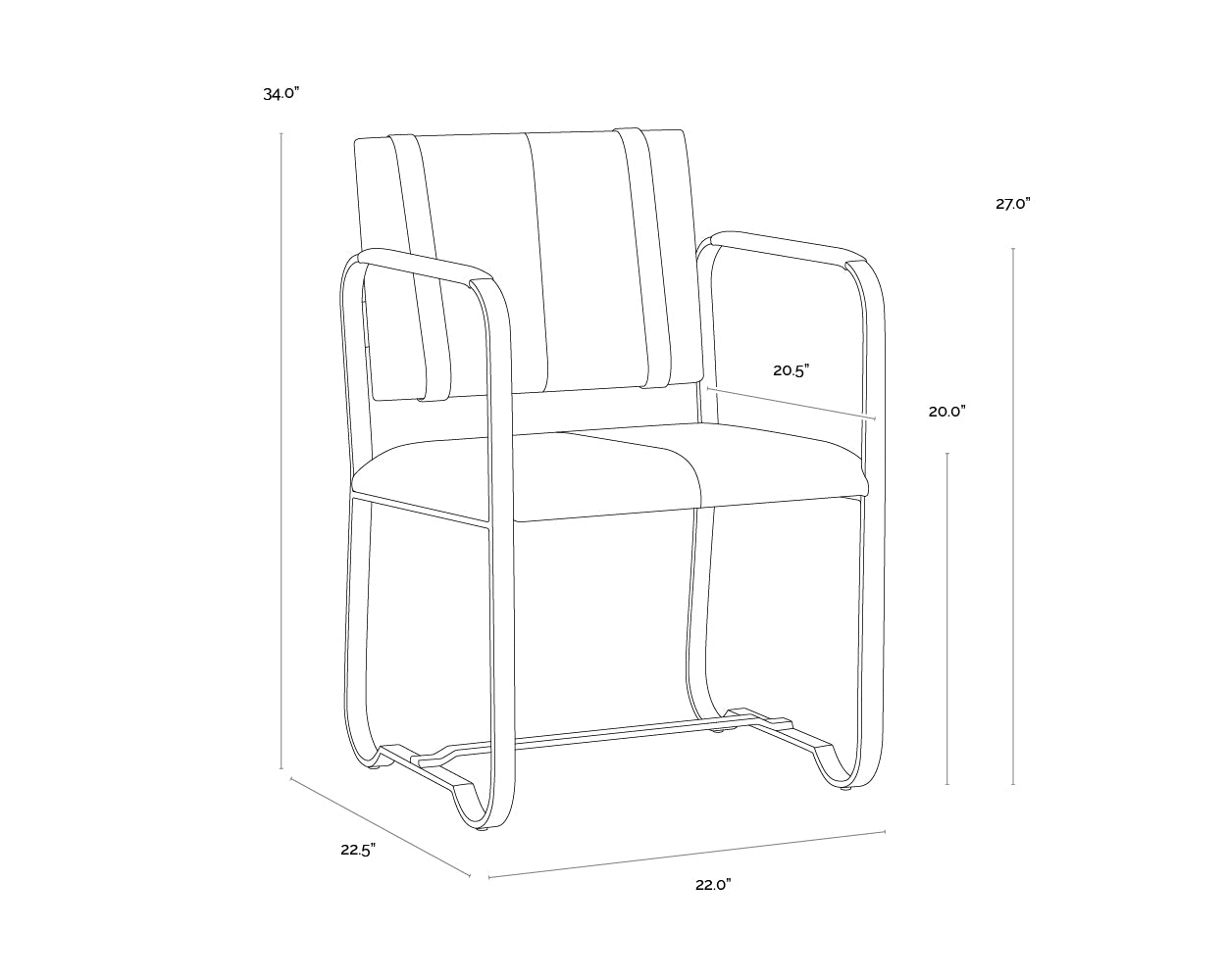 A wireframe image of the product with dimensions shown