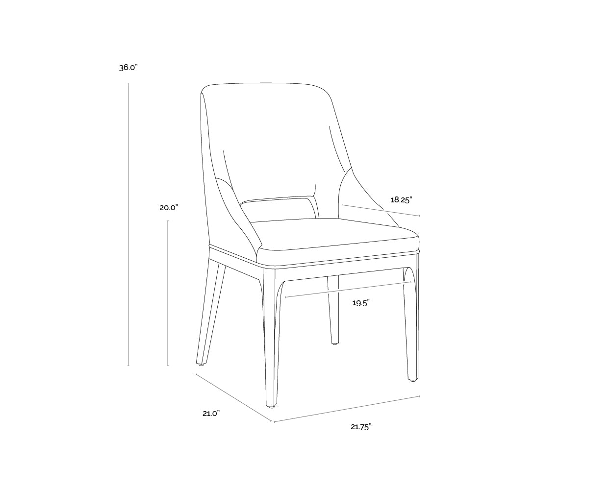 A wireframe image of the product with dimensions shown