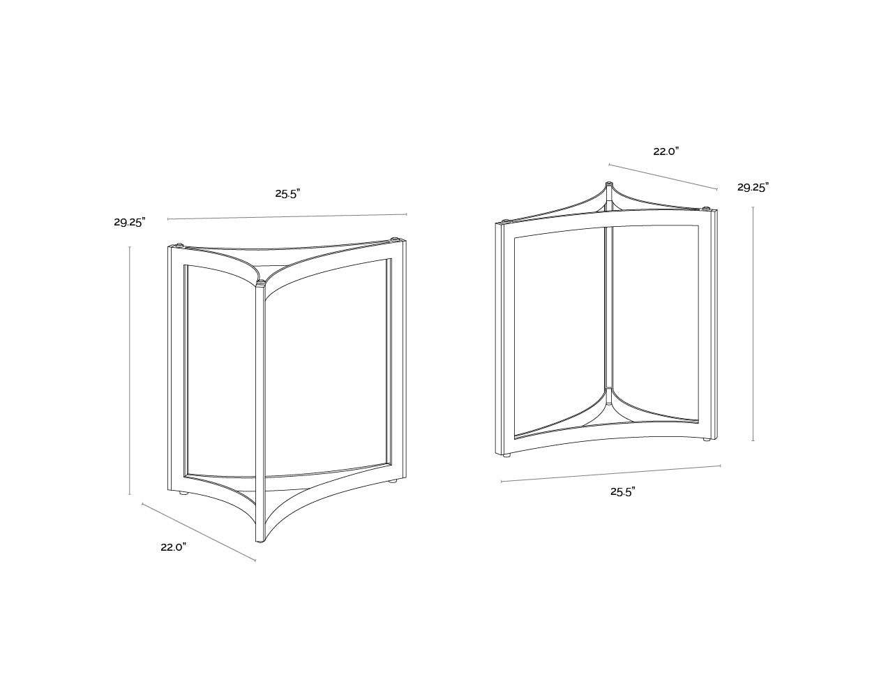 A wireframe image of the product with dimensions shown