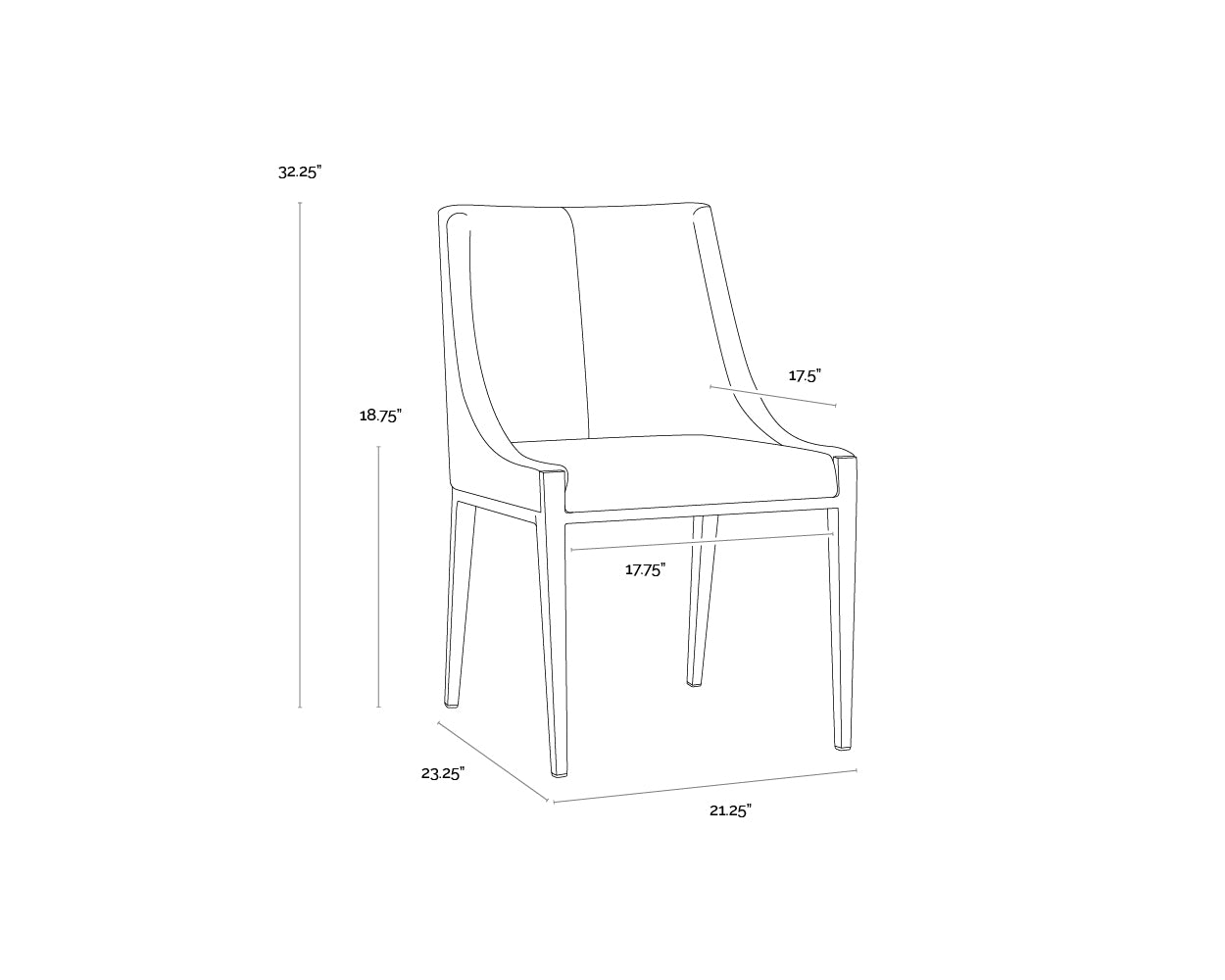 A wireframe image of the product with dimensions shown