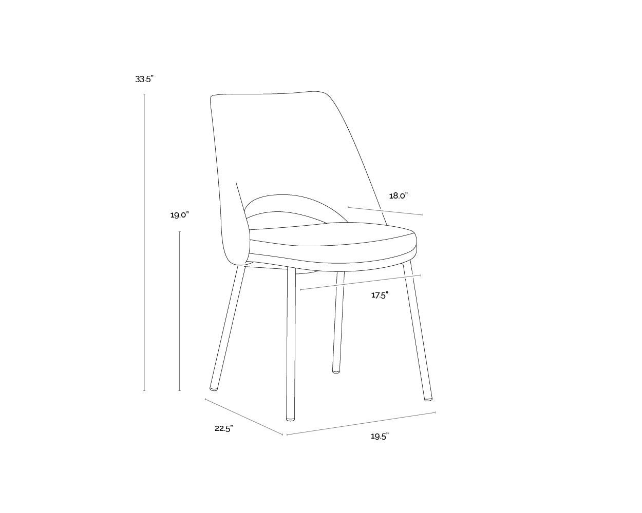 A wireframe image of the product with dimensions shown