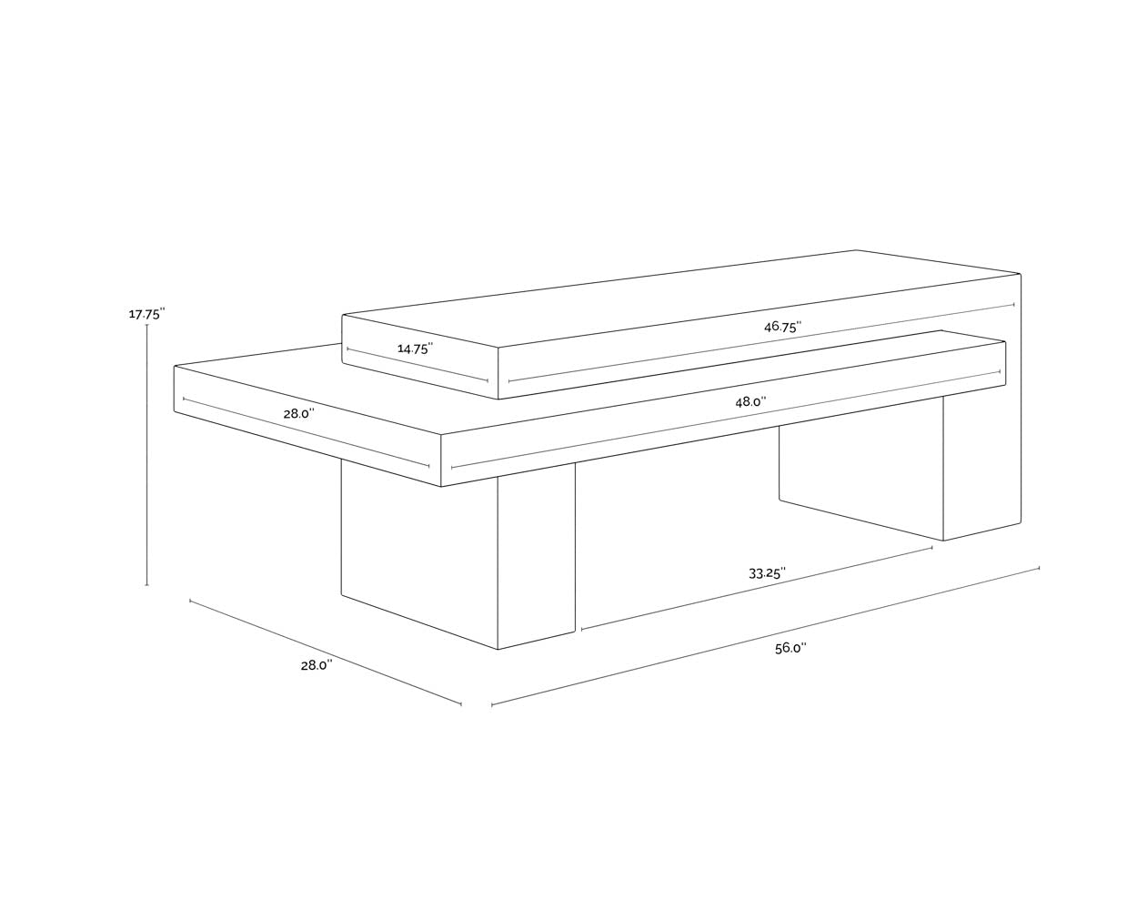 A wireframe image of the product with dimensions shown