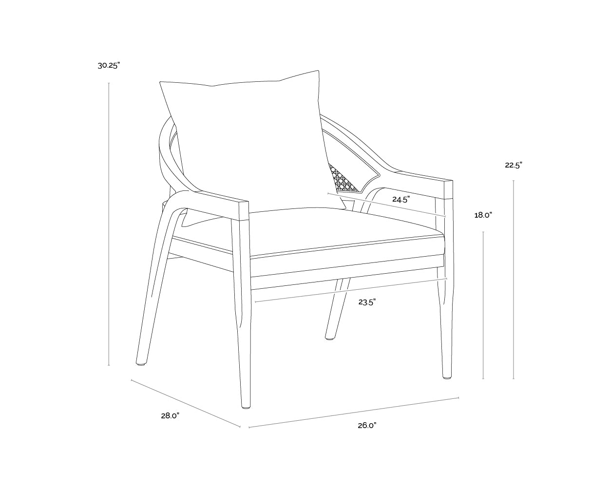 A wireframe image of the product with dimensions shown