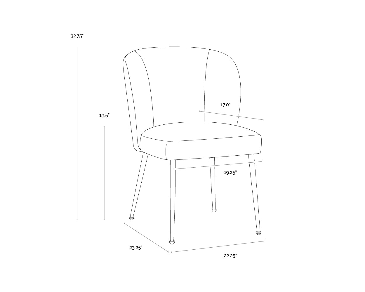 A wireframe image of the product with dimensions shown