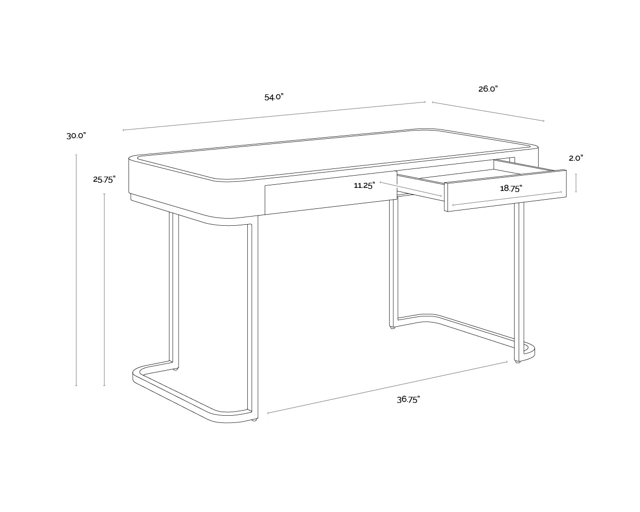 A wireframe image of the product with dimensions shown