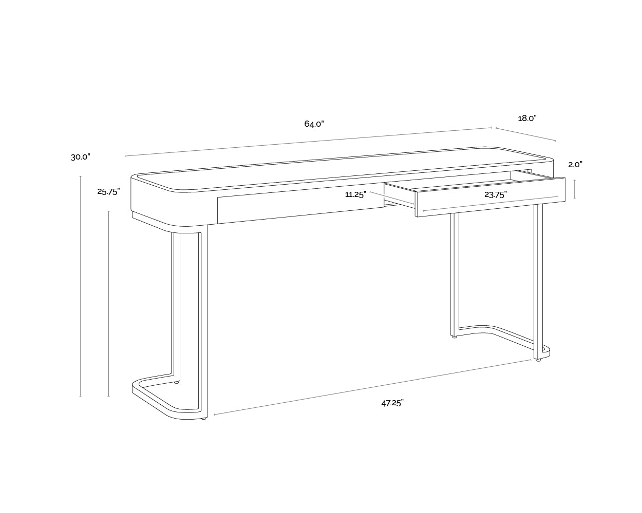 A wireframe image of the product with dimensions shown