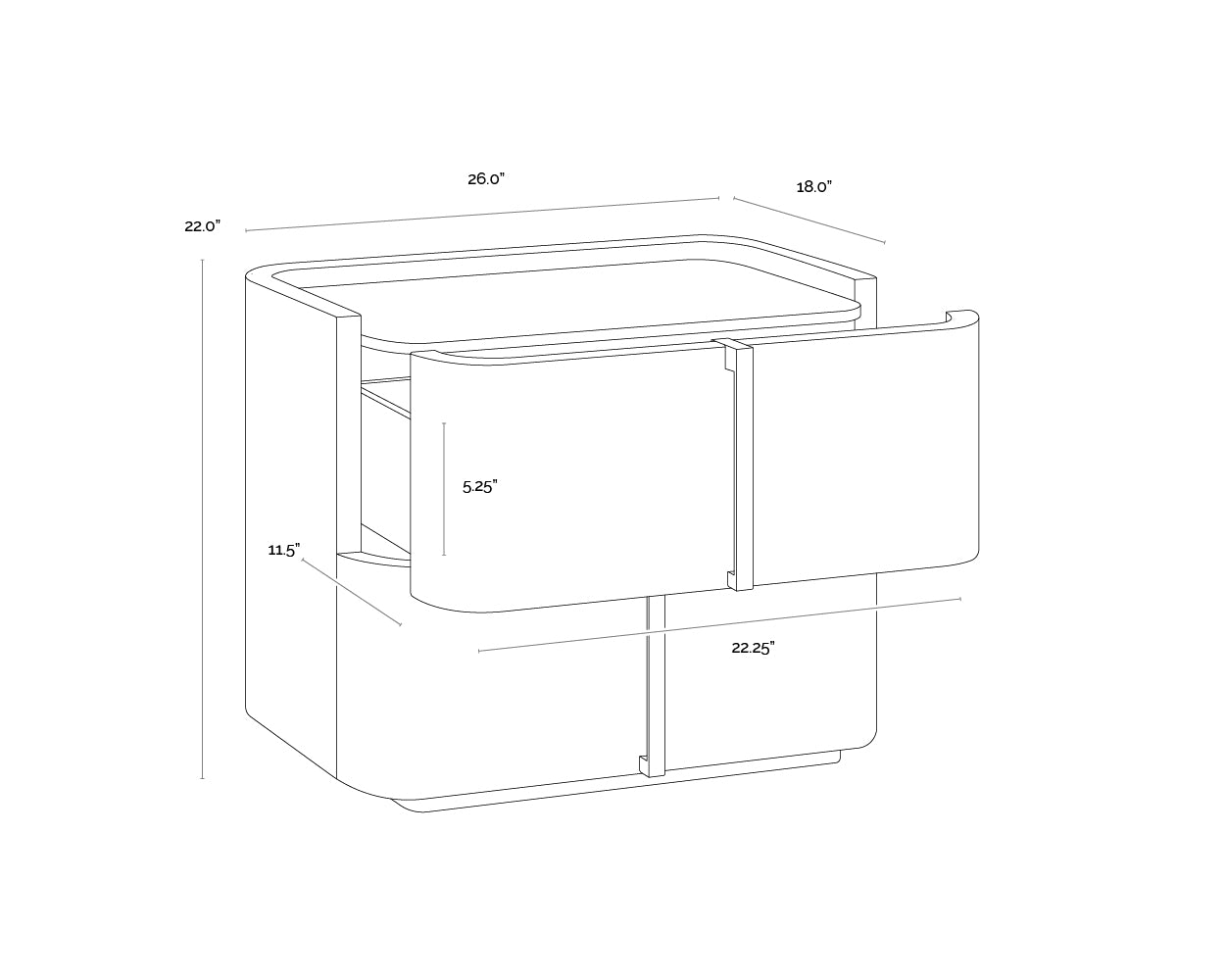 A wireframe image of the product with dimensions shown