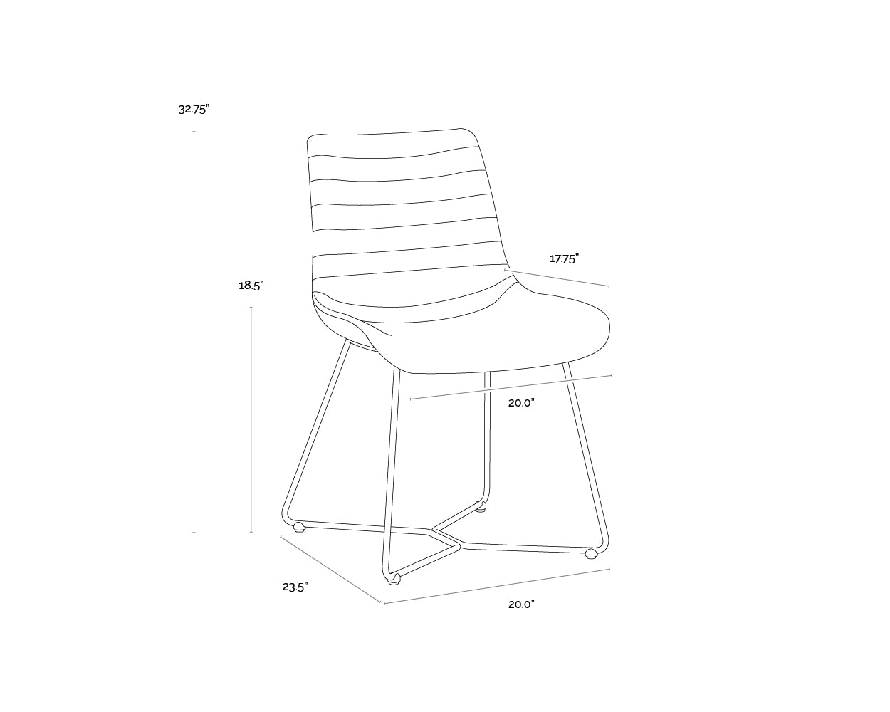 A wireframe image of the product with dimensions shown