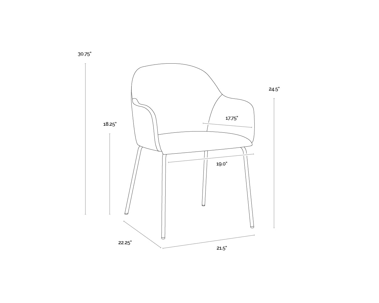 A wireframe image of the product with dimensions shown