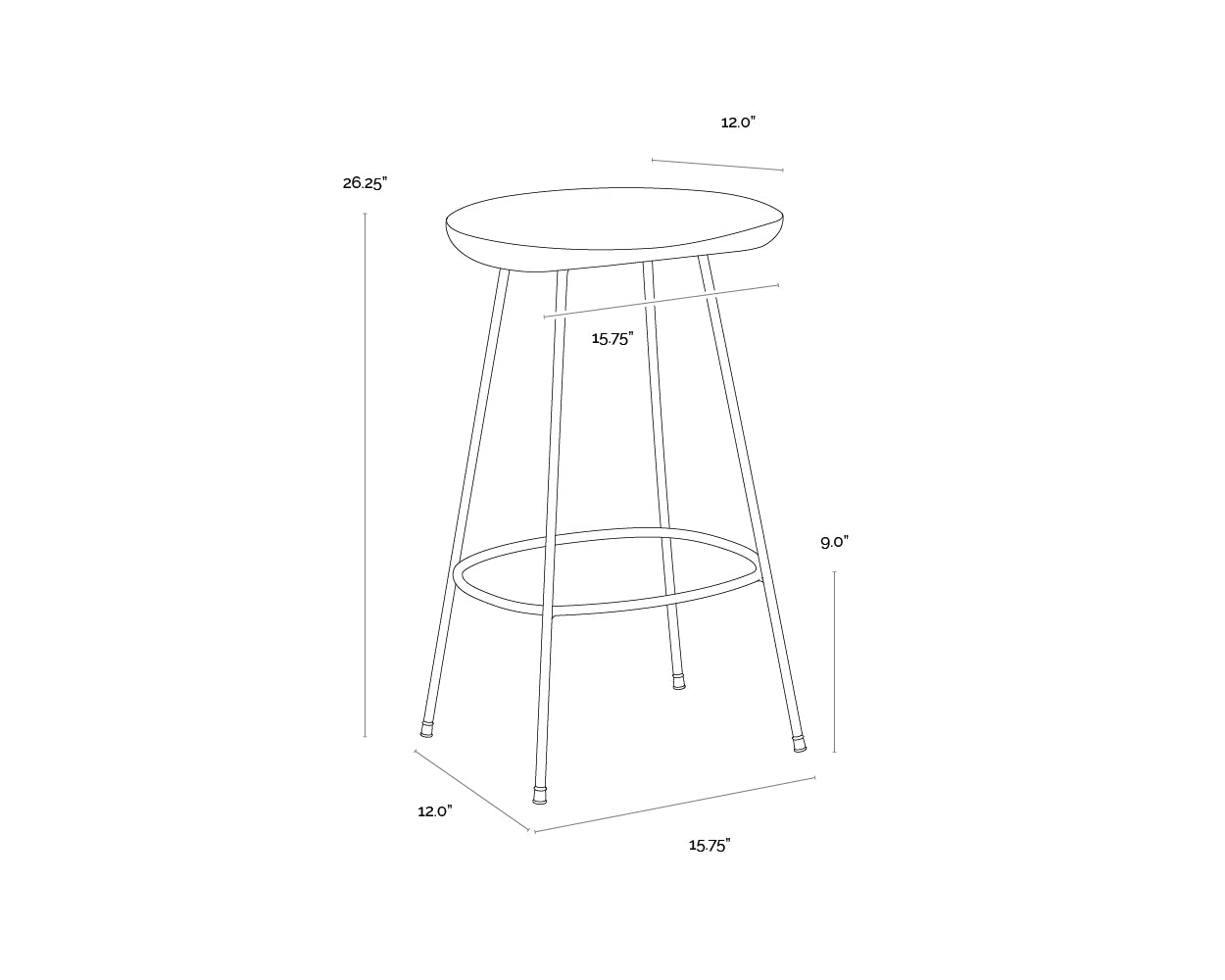 A wireframe image of the product with dimensions shown