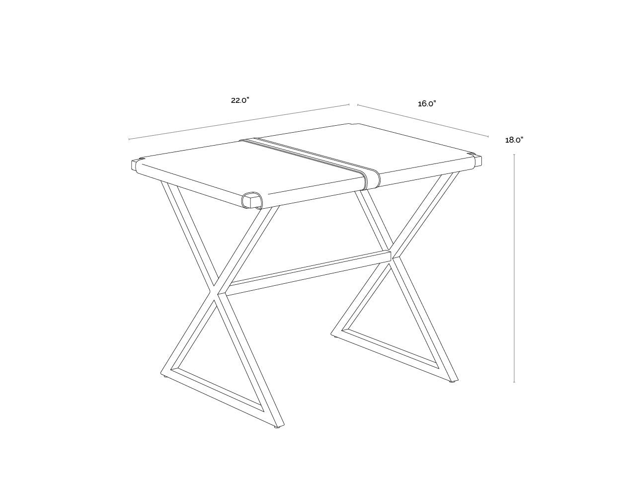 A wireframe image of the product with dimensions shown