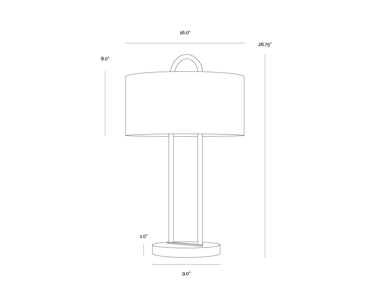 A wireframe image of the product with dimensions shown