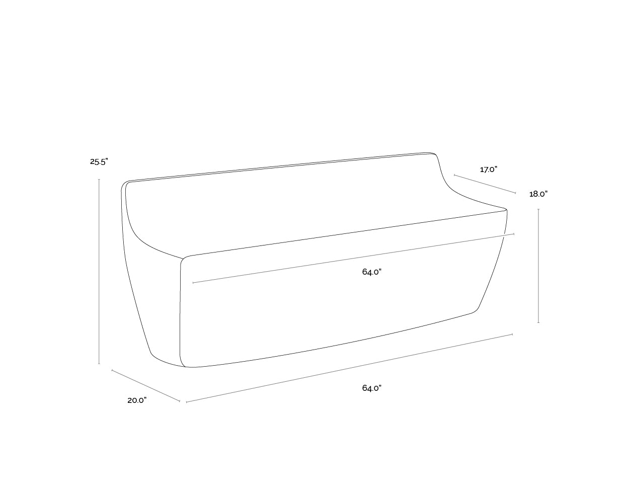 A wireframe image of the product with dimensions shown