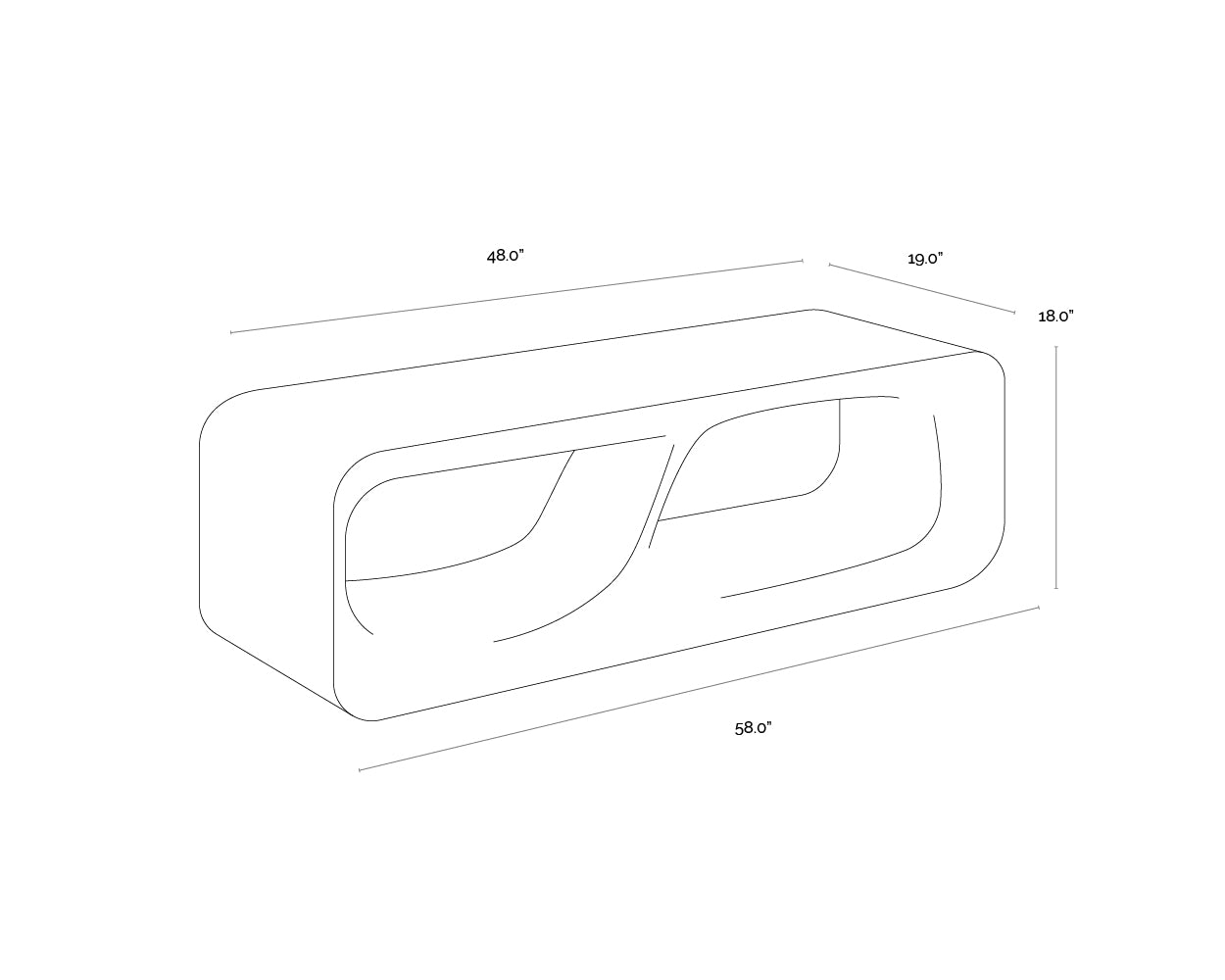 A wireframe image of the product with dimensions shown