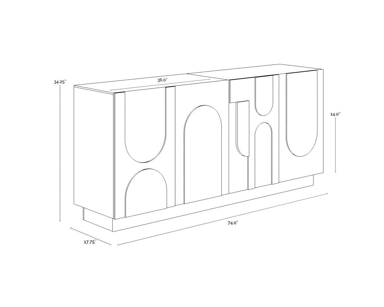 A wireframe image of the product with dimensions shown