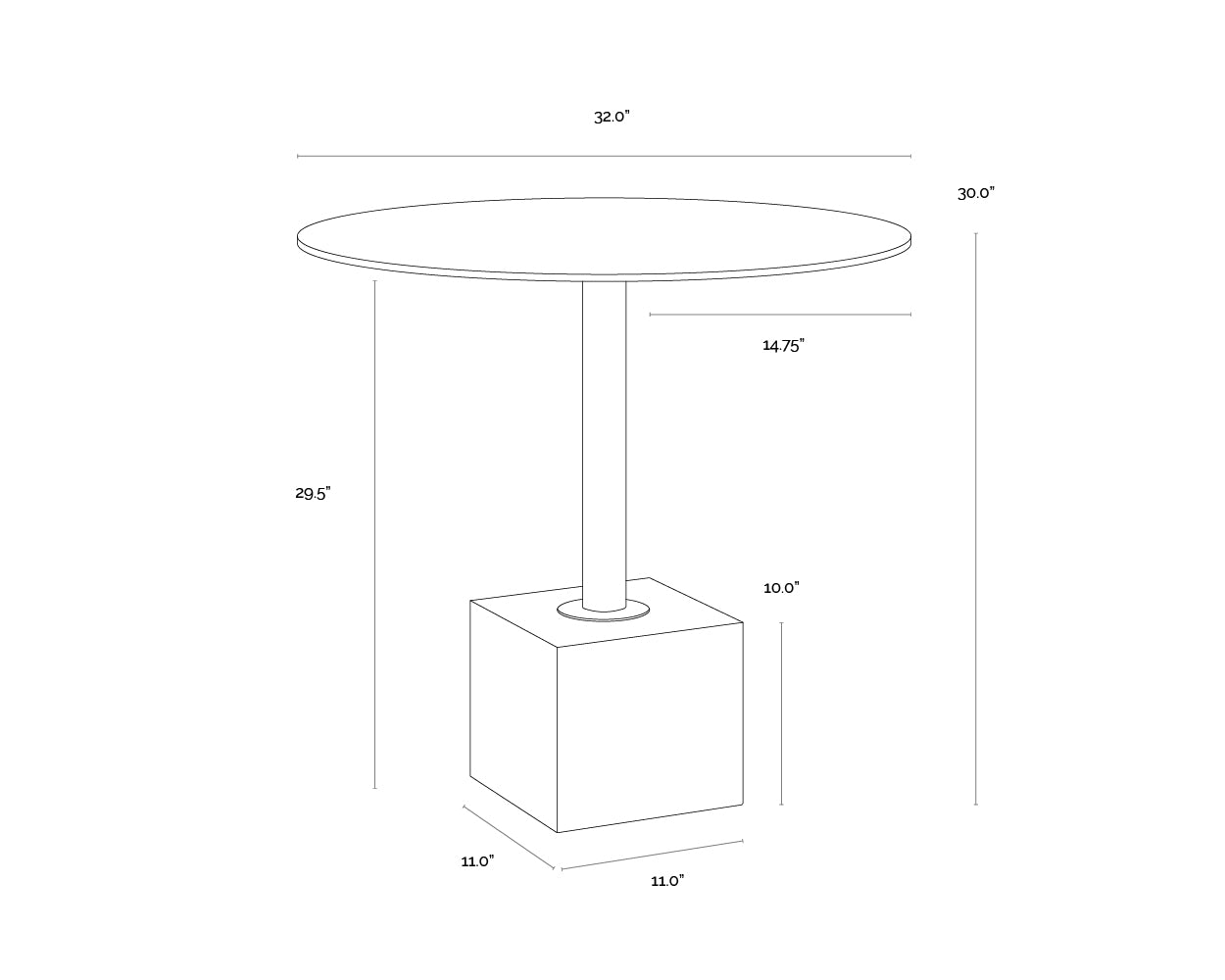 A wireframe image of the product with dimensions shown