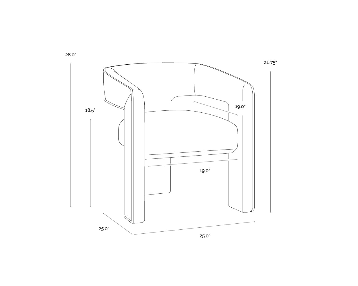 A wireframe image of the product with dimensions shown