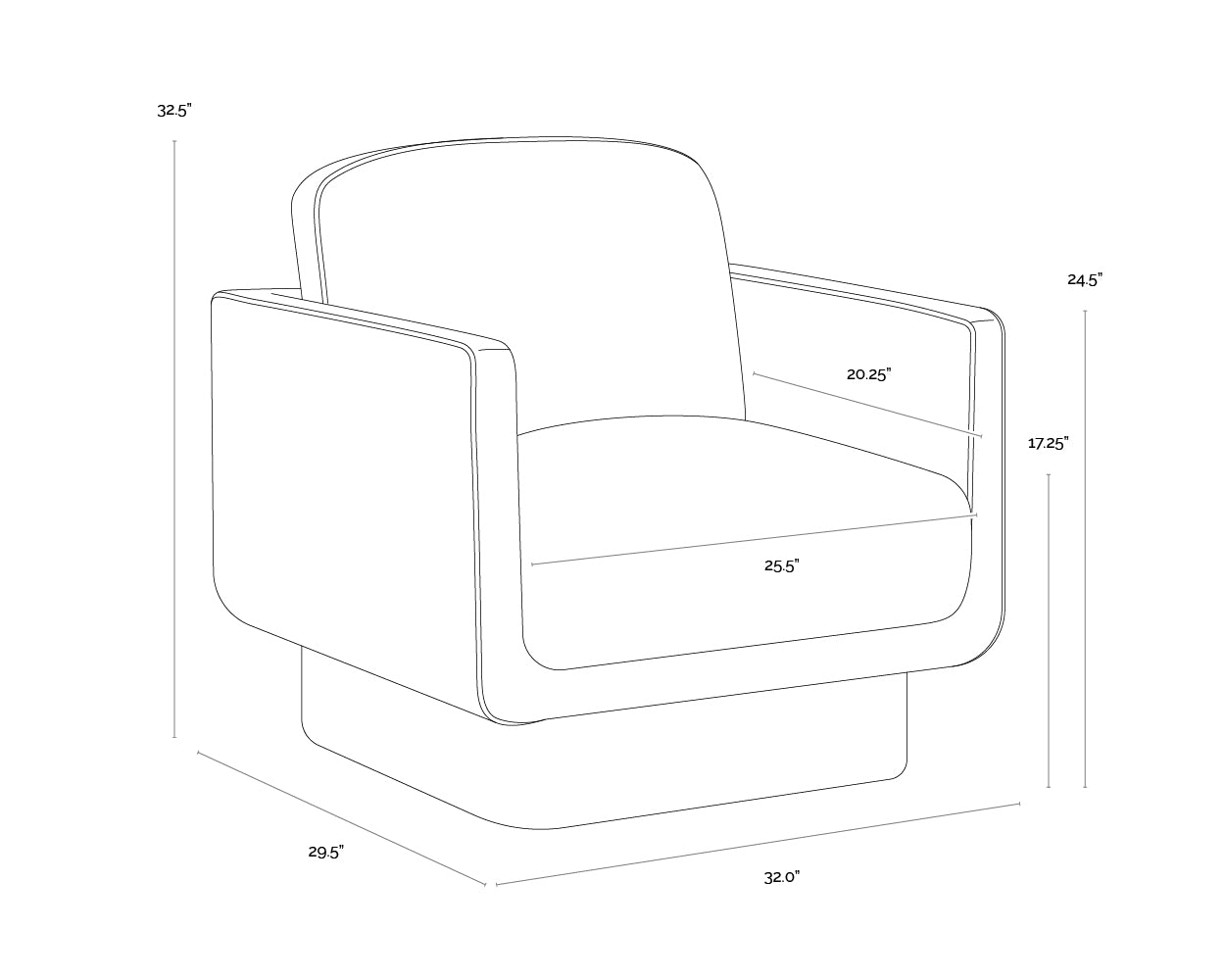 A wireframe image of the product with dimensions shown