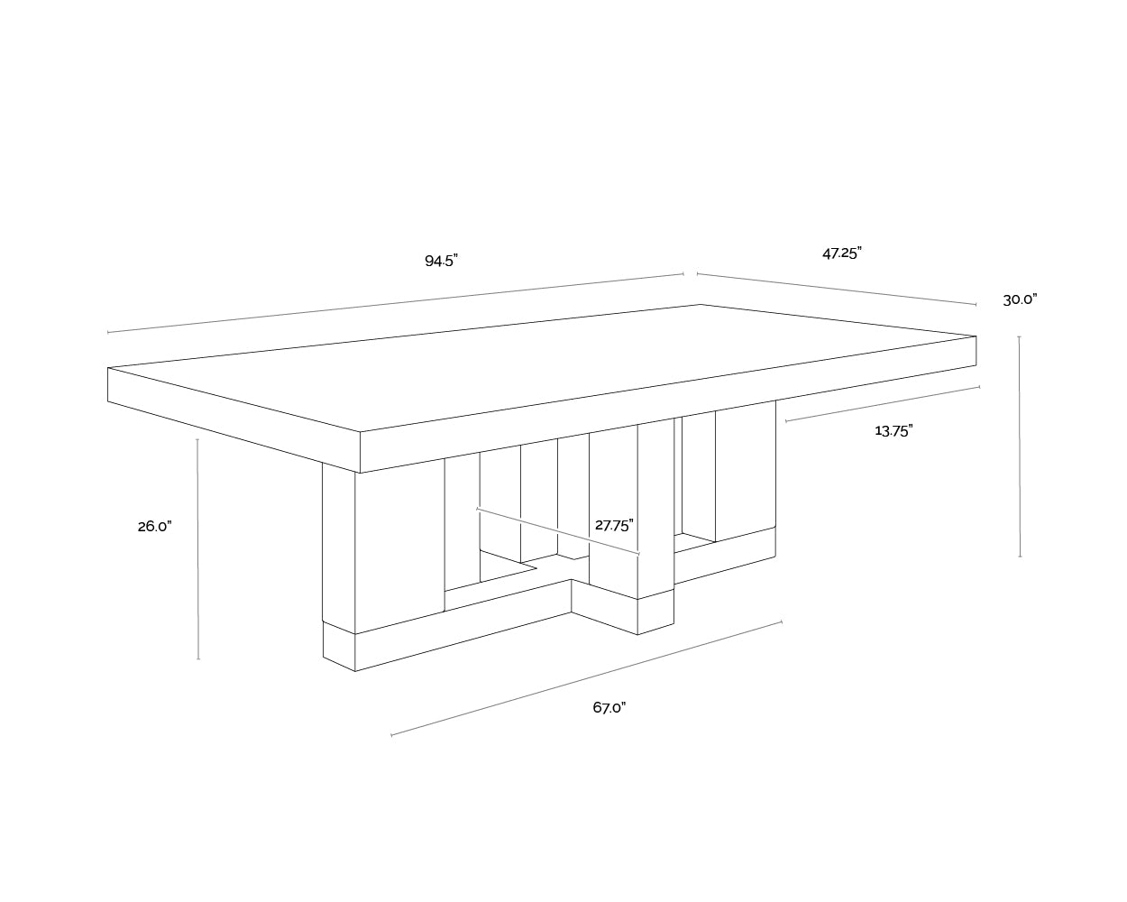 A wireframe image of the product with dimensions shown