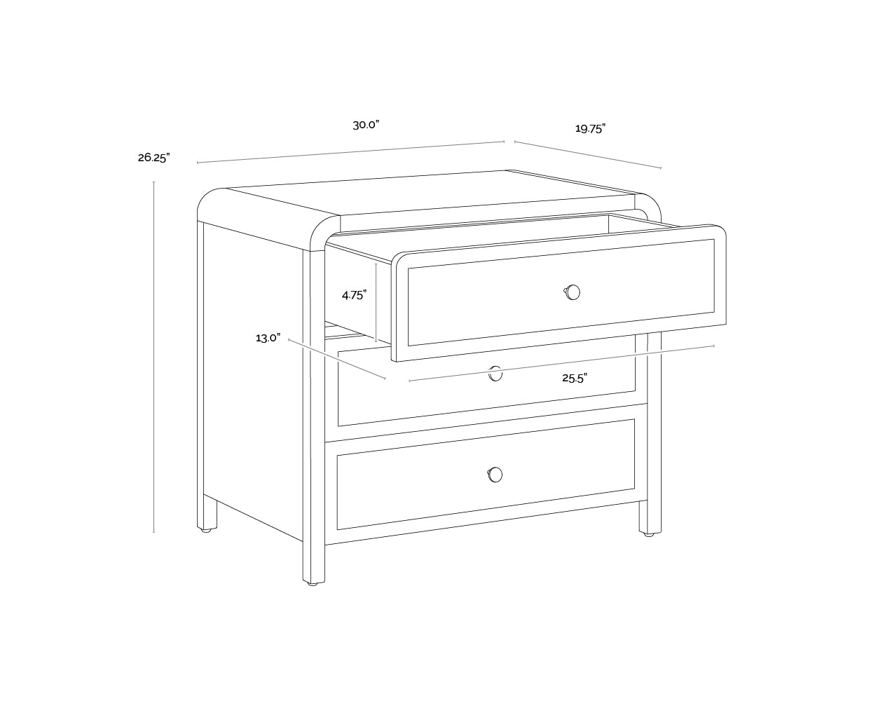 A wireframe image of the product with dimensions shown