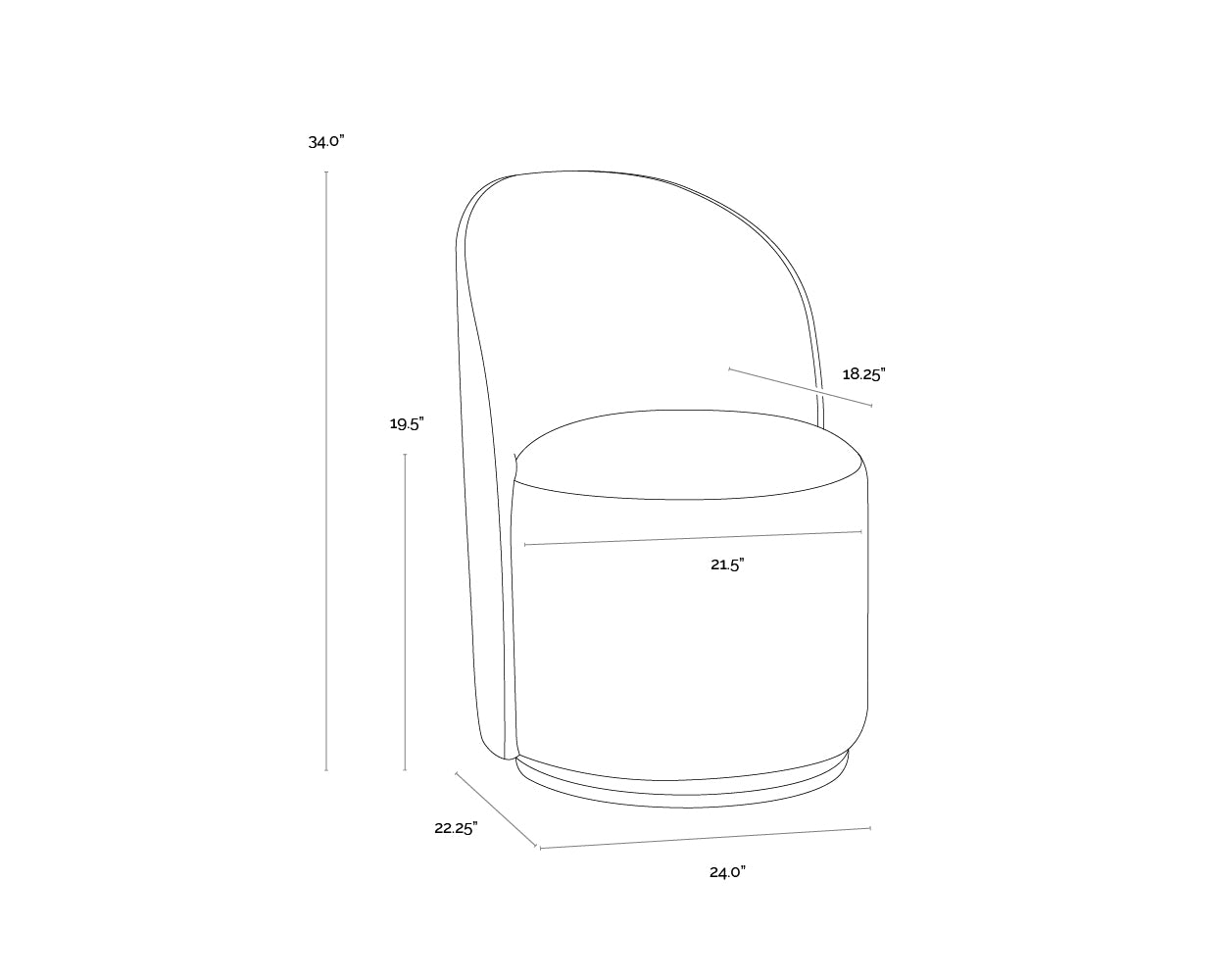 A wireframe image of the product with dimensions shown