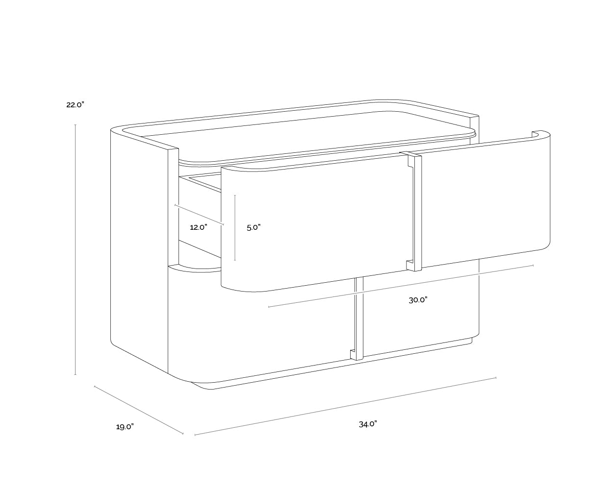 A wireframe image of the product with dimensions shown