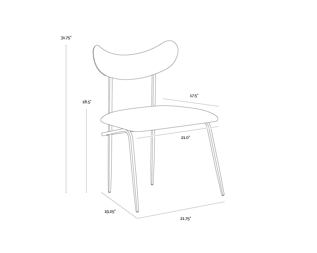 A wireframe image of the product with dimensions shown