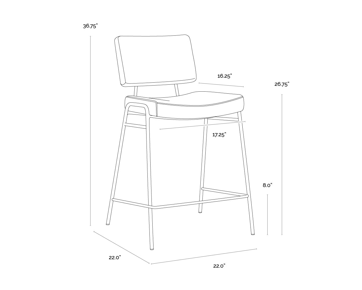 A wireframe image of the product with dimensions shown