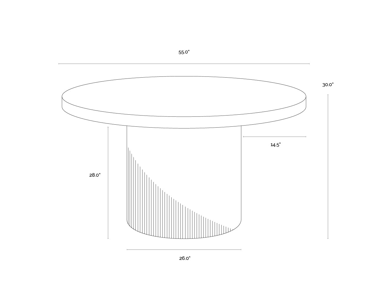 A wireframe image of the product with dimensions shown