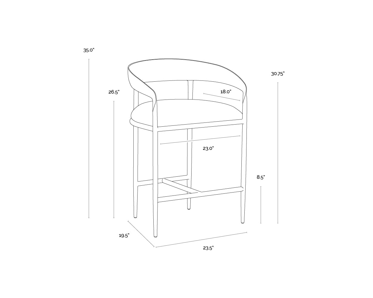 A wireframe image of the product with dimensions shown