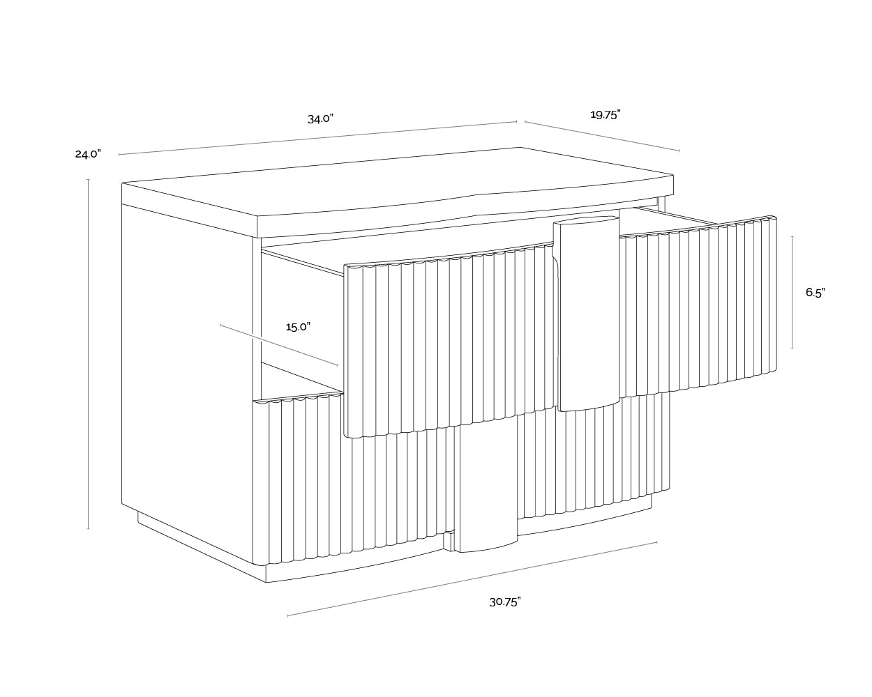 A wireframe image of the product with dimensions shown
