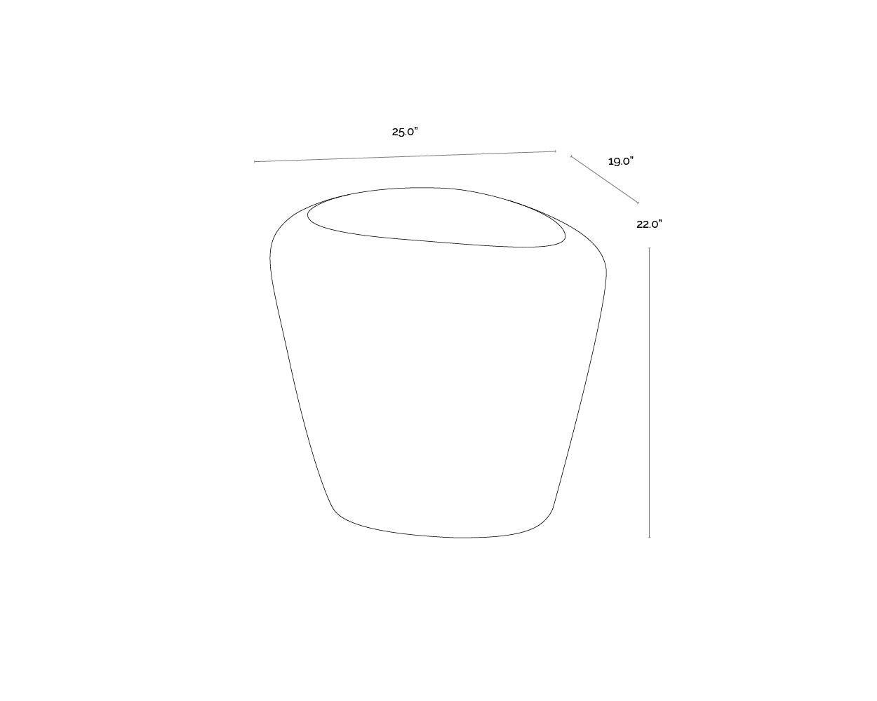 A wireframe image of the product with dimensions shown