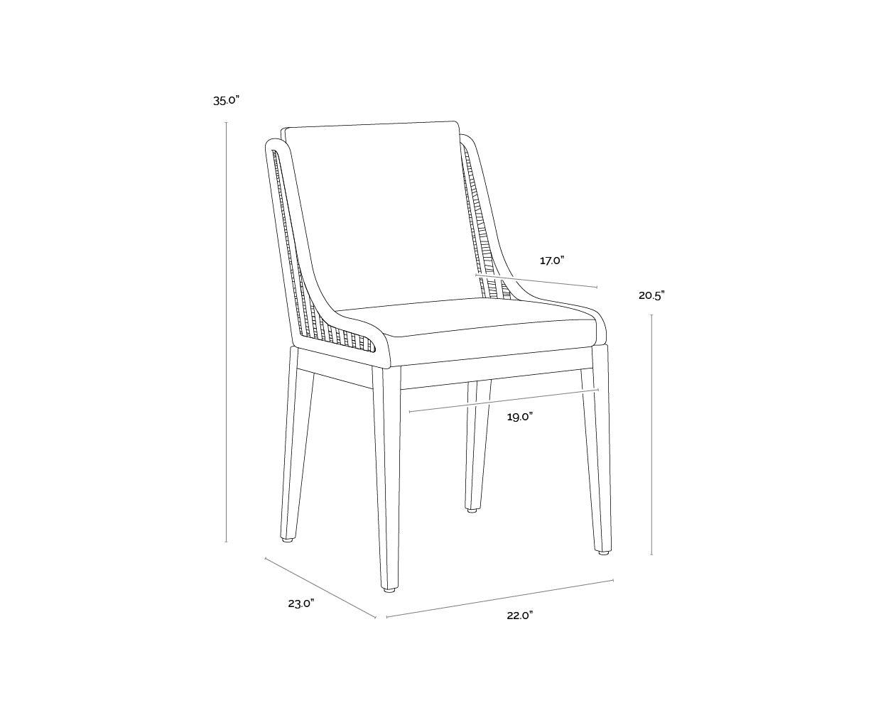 A wireframe image of the product with dimensions shown