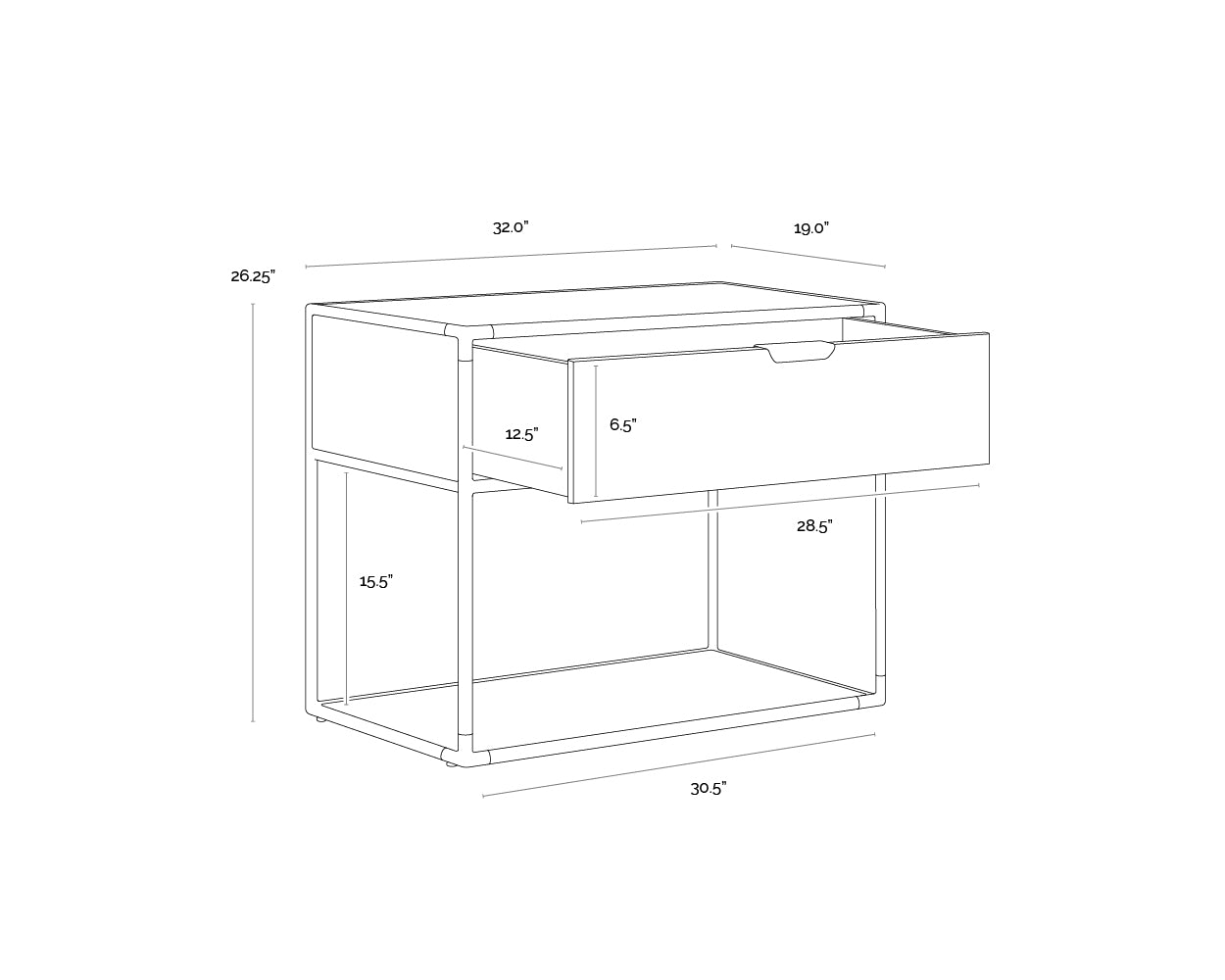 A wireframe image of the product with dimensions shown