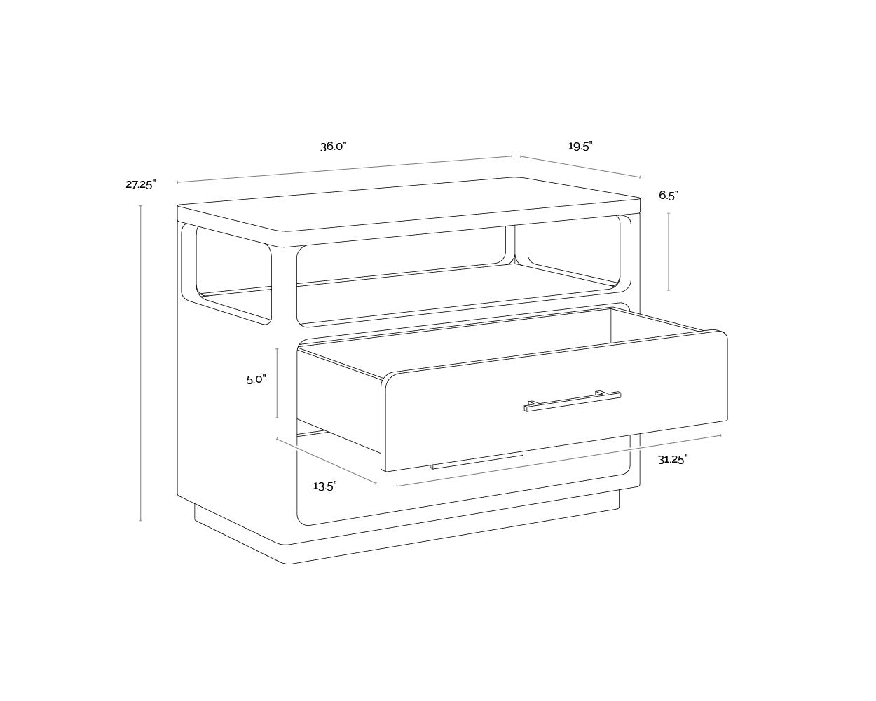 A wireframe image of the product with dimensions shown