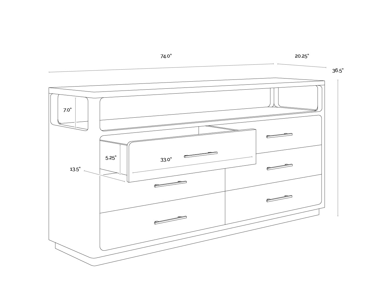 A wireframe image of the product with dimensions shown