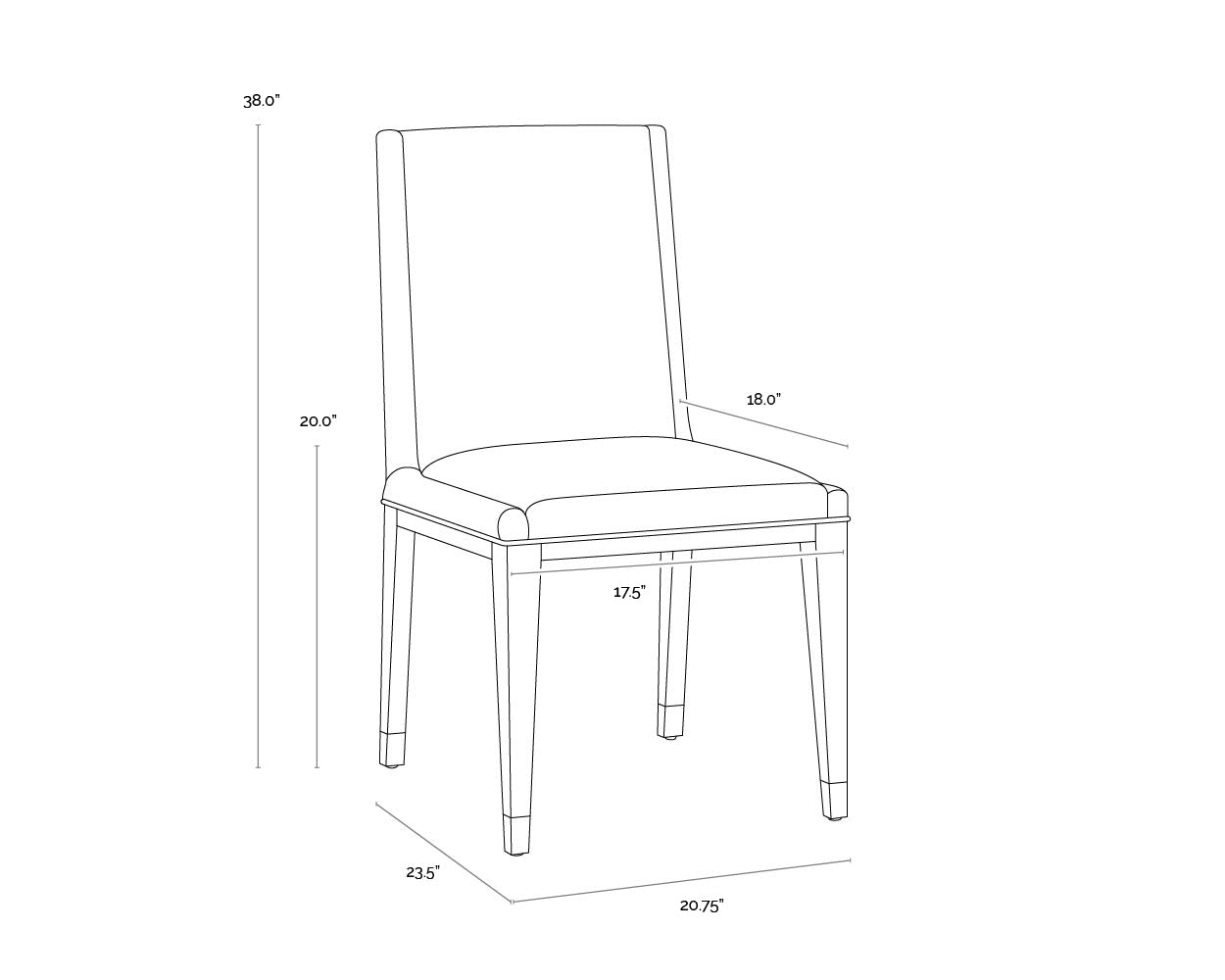 A wireframe image of the product with dimensions shown