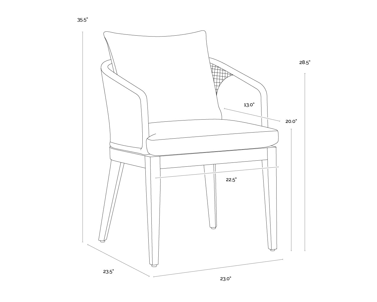 A wireframe image of the product with dimensions shown