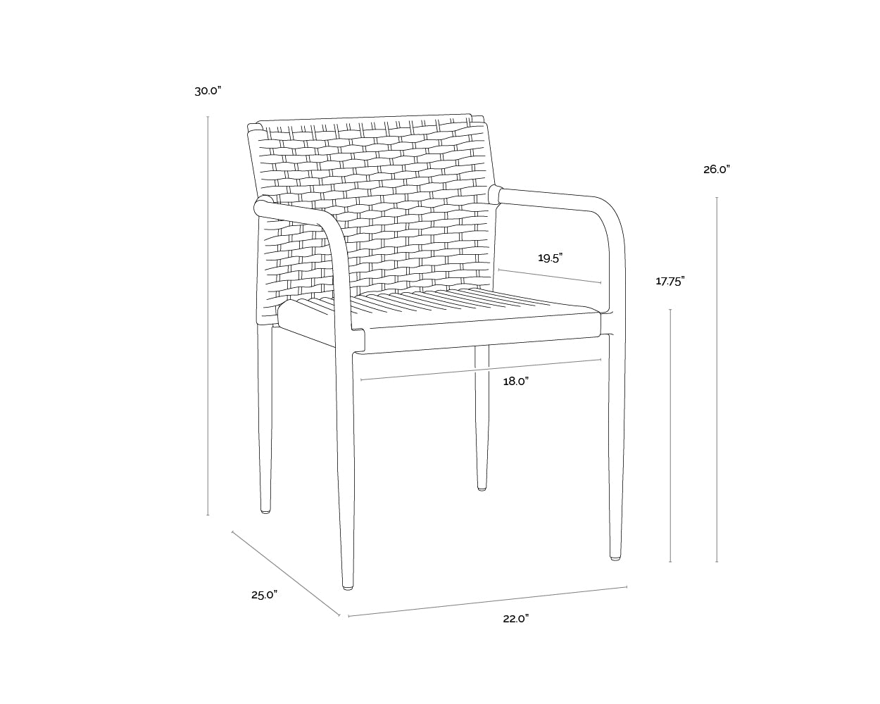 A wireframe image of the product with dimensions shown